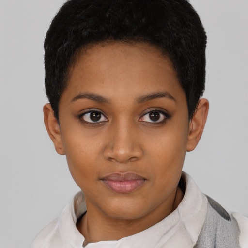 Neutral black young-adult female with short  black hair and brown eyes