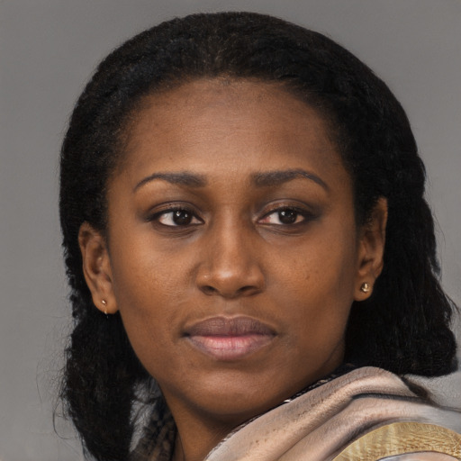 Neutral latino young-adult female with long  black hair and brown eyes