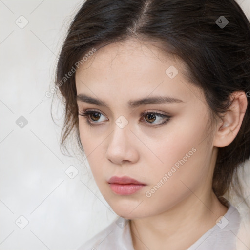 Neutral white young-adult female with medium  brown hair and brown eyes