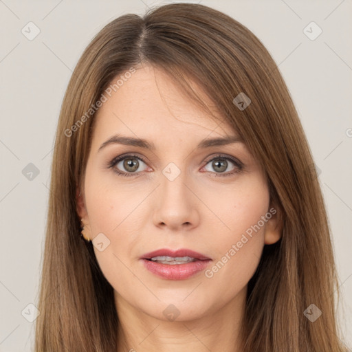 Neutral white young-adult female with long  brown hair and brown eyes