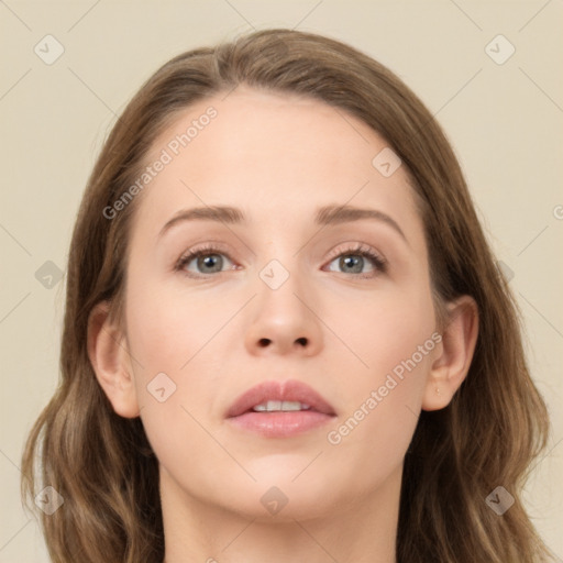 Neutral white young-adult female with long  brown hair and grey eyes