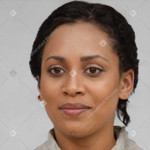 Joyful latino young-adult female with short  black hair and brown eyes