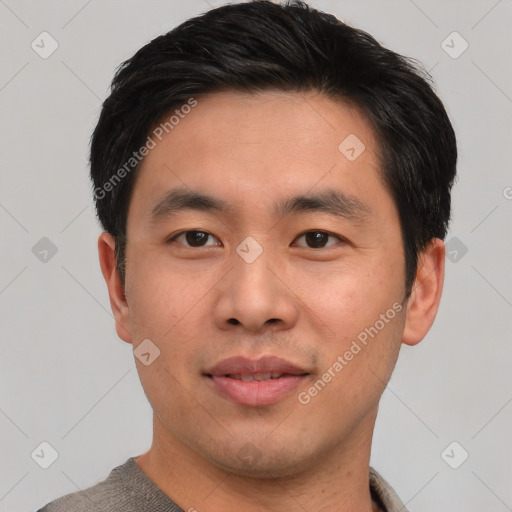 Neutral asian young-adult male with short  black hair and brown eyes