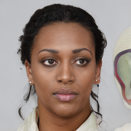 Neutral black young-adult female with short  brown hair and brown eyes