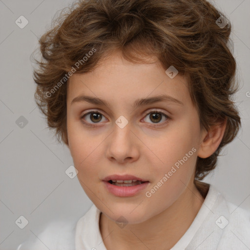 Joyful white child female with medium  brown hair and brown eyes