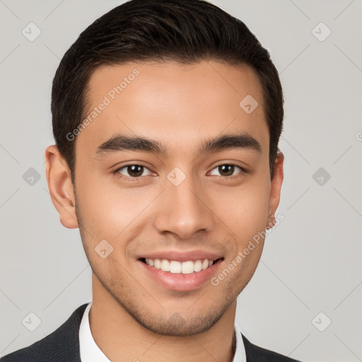 Joyful white young-adult male with short  brown hair and brown eyes