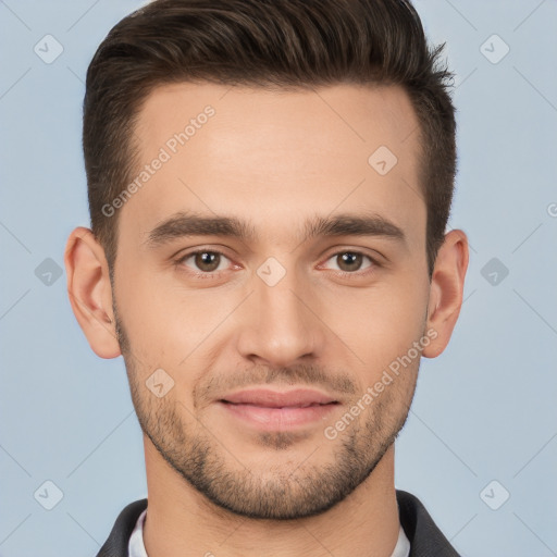 Joyful white young-adult male with short  brown hair and brown eyes