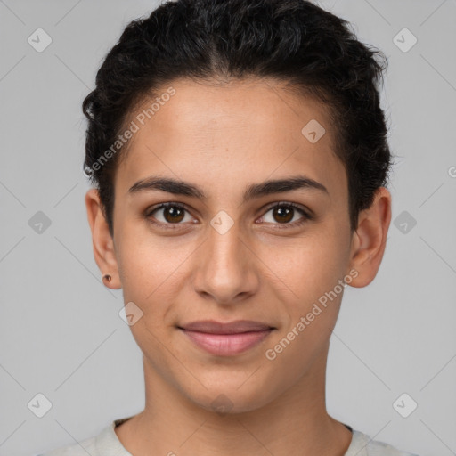 Joyful white young-adult female with short  brown hair and brown eyes