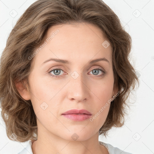 Joyful white young-adult female with medium  brown hair and green eyes