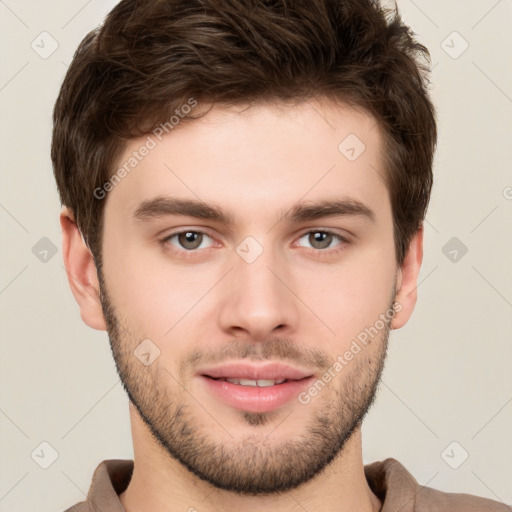 Neutral white young-adult male with short  brown hair and brown eyes