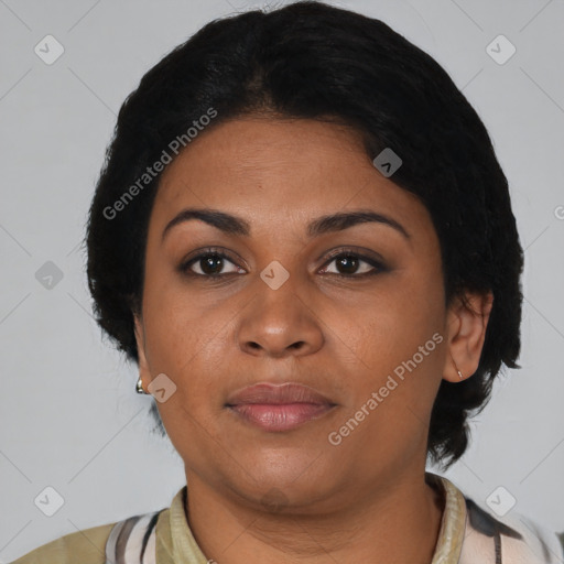 Joyful black young-adult female with medium  black hair and brown eyes