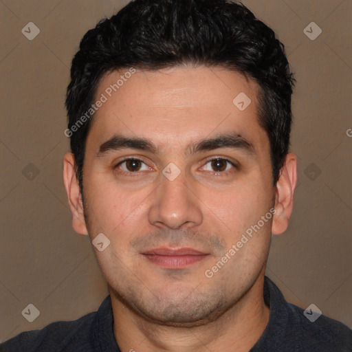 Joyful white young-adult male with short  black hair and brown eyes