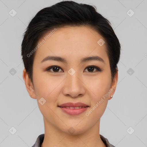 Joyful asian young-adult female with short  brown hair and brown eyes