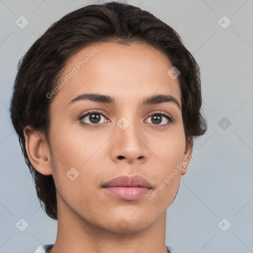 Neutral white young-adult female with short  brown hair and brown eyes