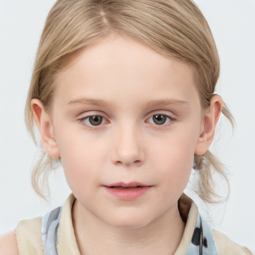 Neutral white child female with medium  brown hair and blue eyes