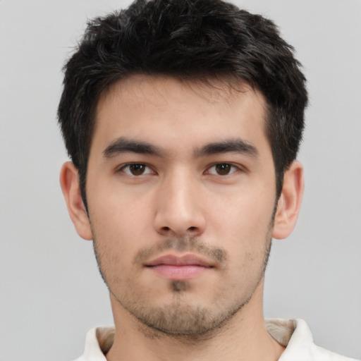 Neutral asian young-adult male with short  black hair and brown eyes