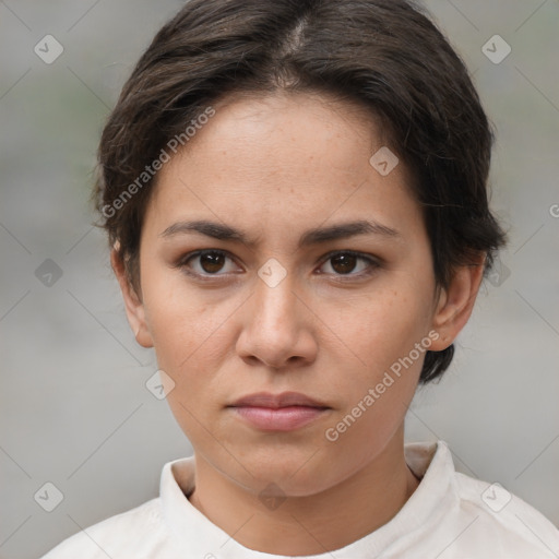 Neutral white young-adult female with short  brown hair and brown eyes