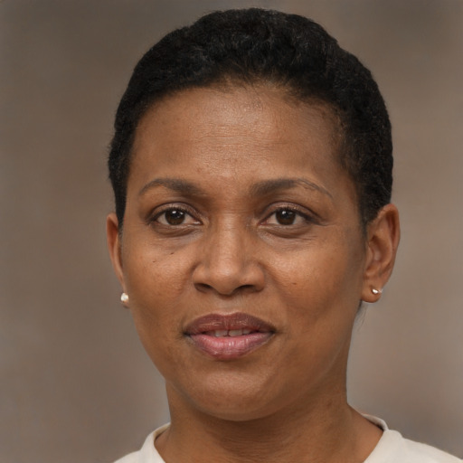 Joyful latino adult female with short  brown hair and brown eyes