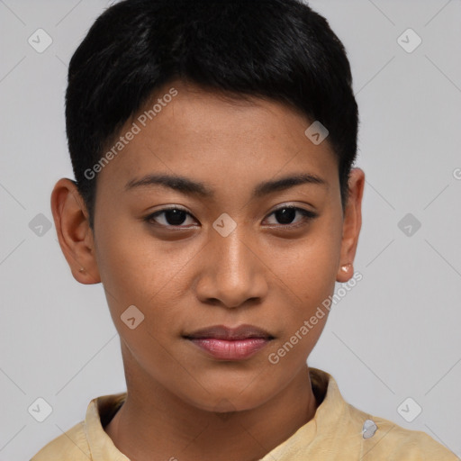 Joyful asian young-adult female with short  brown hair and brown eyes