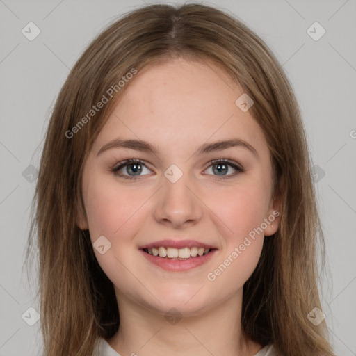 Joyful white young-adult female with long  brown hair and grey eyes