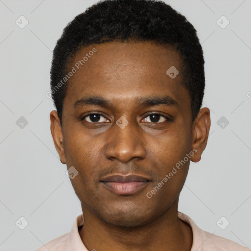 Neutral black young-adult male with short  black hair and brown eyes