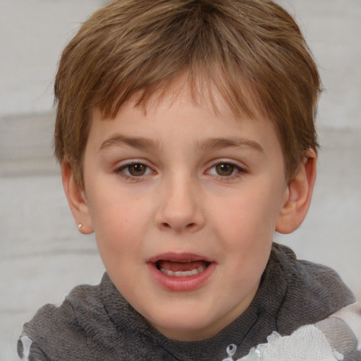 Joyful white child female with short  brown hair and brown eyes