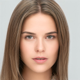 Neutral white young-adult female with long  brown hair and brown eyes