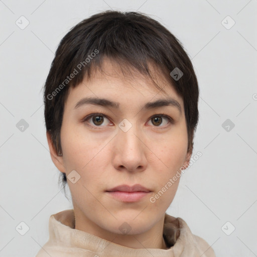 Neutral white young-adult female with short  brown hair and brown eyes