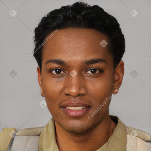 Joyful black young-adult male with short  black hair and brown eyes