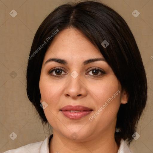 Joyful white young-adult female with medium  brown hair and brown eyes