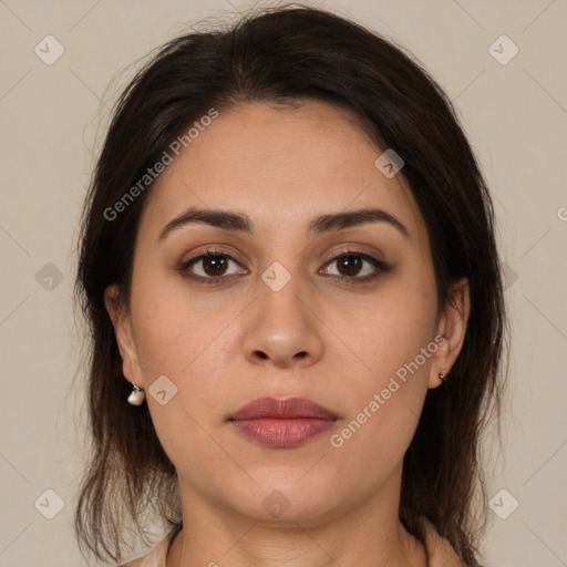 Joyful white young-adult female with medium  brown hair and brown eyes