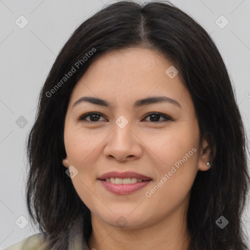 Joyful asian young-adult female with long  brown hair and brown eyes