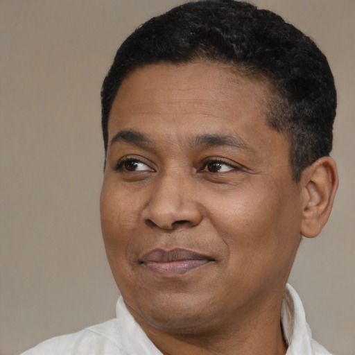 Joyful black adult male with short  black hair and brown eyes