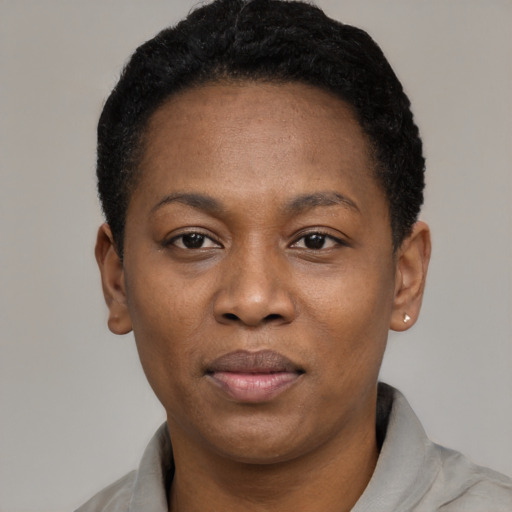 Neutral black young-adult female with short  black hair and brown eyes
