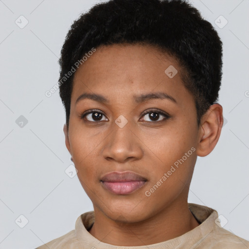 Neutral black young-adult female with short  black hair and brown eyes