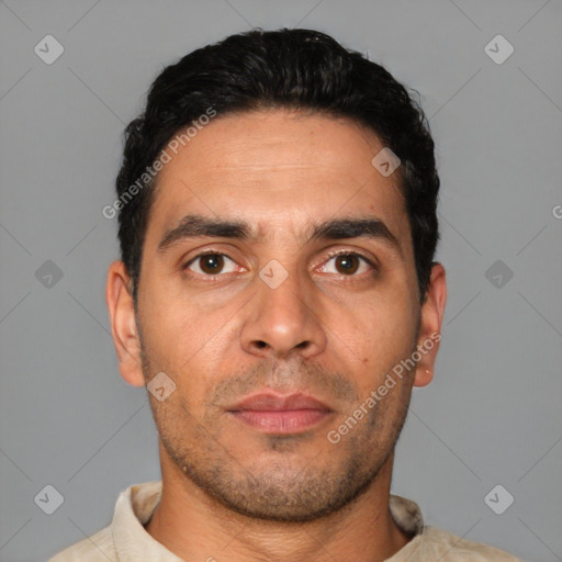 Neutral white young-adult male with short  black hair and brown eyes