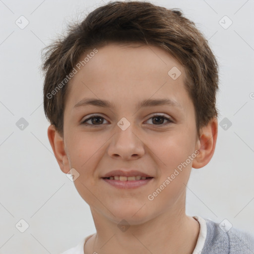 Joyful white child female with short  brown hair and brown eyes