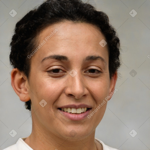 Joyful white adult female with short  brown hair and brown eyes