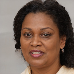 Joyful black adult female with medium  brown hair and brown eyes