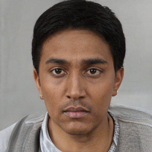 Neutral latino young-adult male with short  black hair and brown eyes