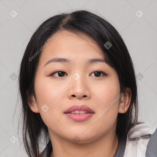 Neutral asian young-adult female with medium  brown hair and brown eyes