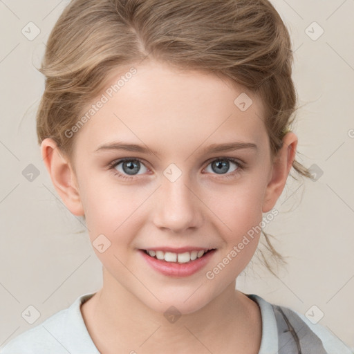 Joyful white child female with medium  brown hair and grey eyes