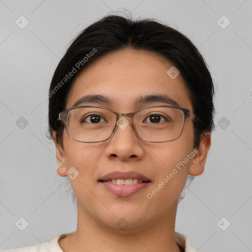 Joyful white young-adult female with short  brown hair and brown eyes