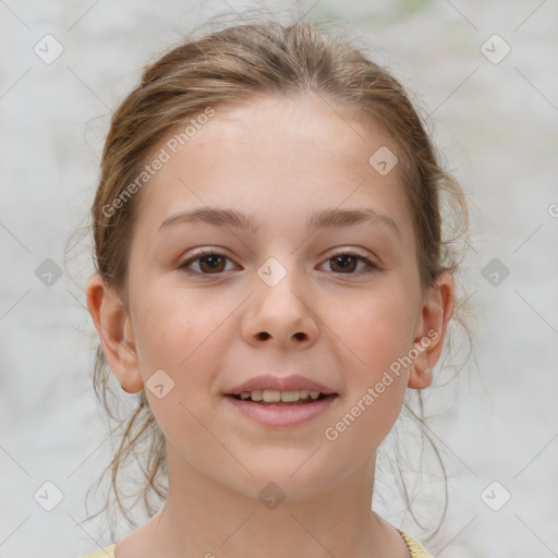 Joyful white child female with medium  brown hair and brown eyes