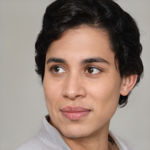 Joyful white young-adult male with medium  brown hair and brown eyes