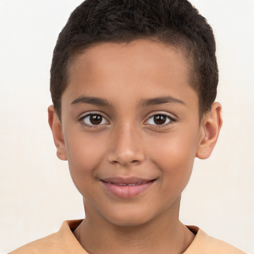 Joyful white child female with short  brown hair and brown eyes