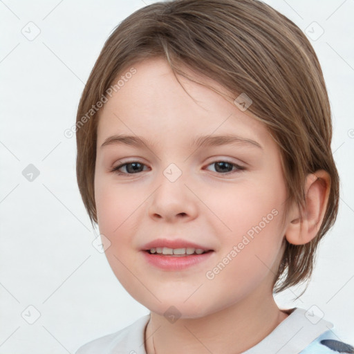 Joyful white child female with medium  brown hair and brown eyes