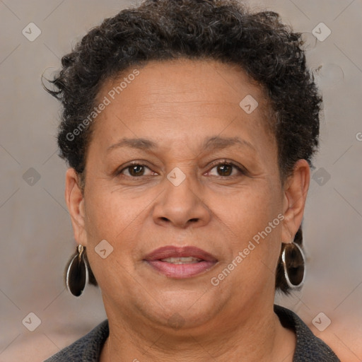 Joyful white adult female with short  brown hair and brown eyes