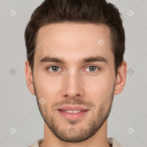 Joyful white young-adult male with short  brown hair and brown eyes