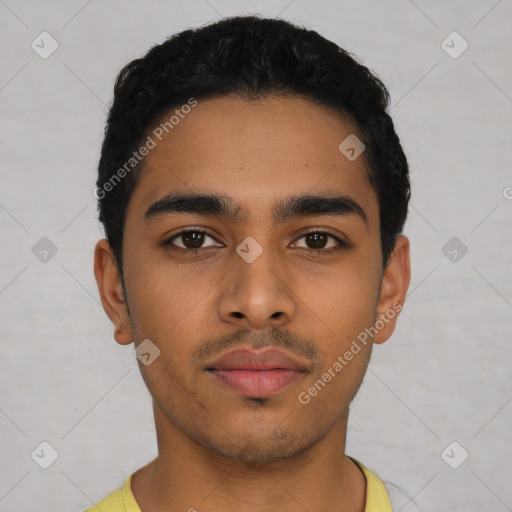 Neutral latino young-adult male with short  black hair and brown eyes